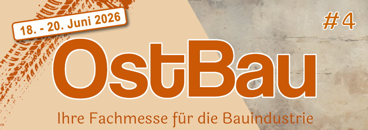 OstBau construction industry trade fair banner from June 18th-20th, 2026, featuring tire tracks and the text 'Ihre Fachmesse fur die Bauindustrie' – Optimas