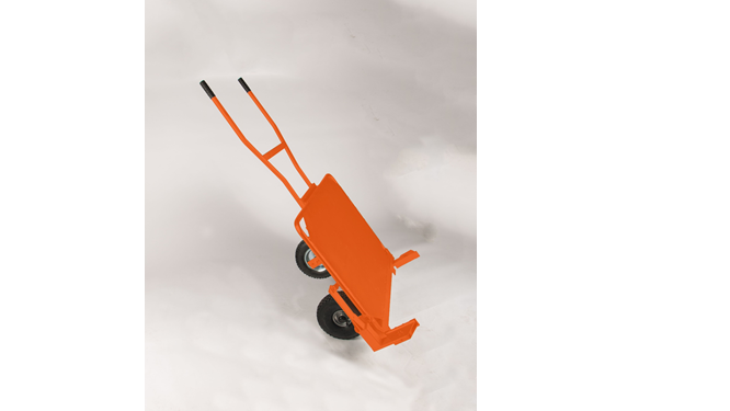 An orange wheelbarrow positioned on a light background, showcasing its sturdy design and two wheels – Optimas.